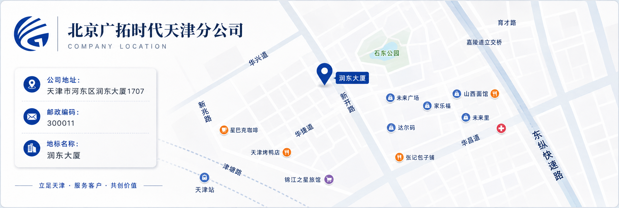 北京广拓时代天津分公司公司位置图，地址：天津市河东区润东大厦1707